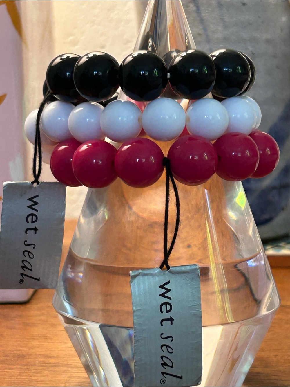 3 Wet Seal Black, White & Pink Beaded Stretch Bracelet Set